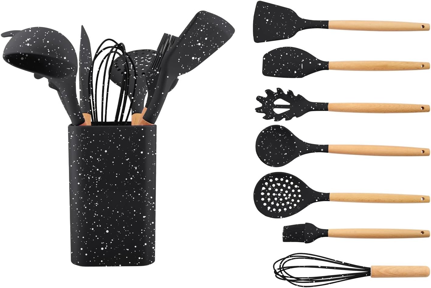 JS Gourmet 7 Pcs Silicone Kitchen Utensils Set with Holder, Heat Resistant, Non-Scratch, Cooking Spoons Set with Natural Bamboo Wooden Handle, Kitchen Tools for Non-Stick Cookware