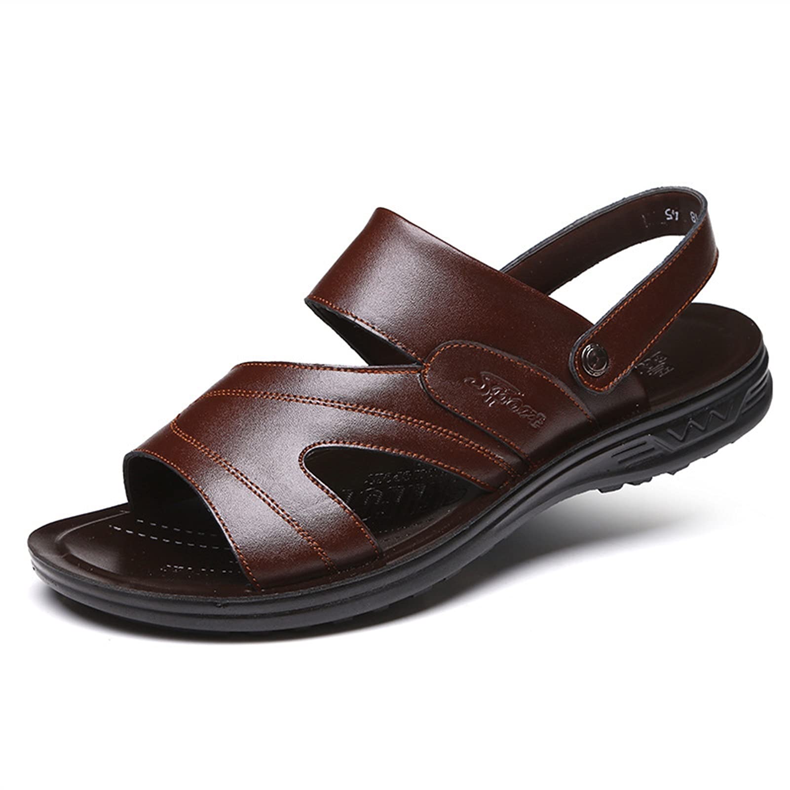 Men's Back Strap Slip Resistant Solid Color Slippers Beach Sandals Leather SCut Out Open Toe Dual Use Shoes M0615 (Color : Brown, Size : 37 EU)