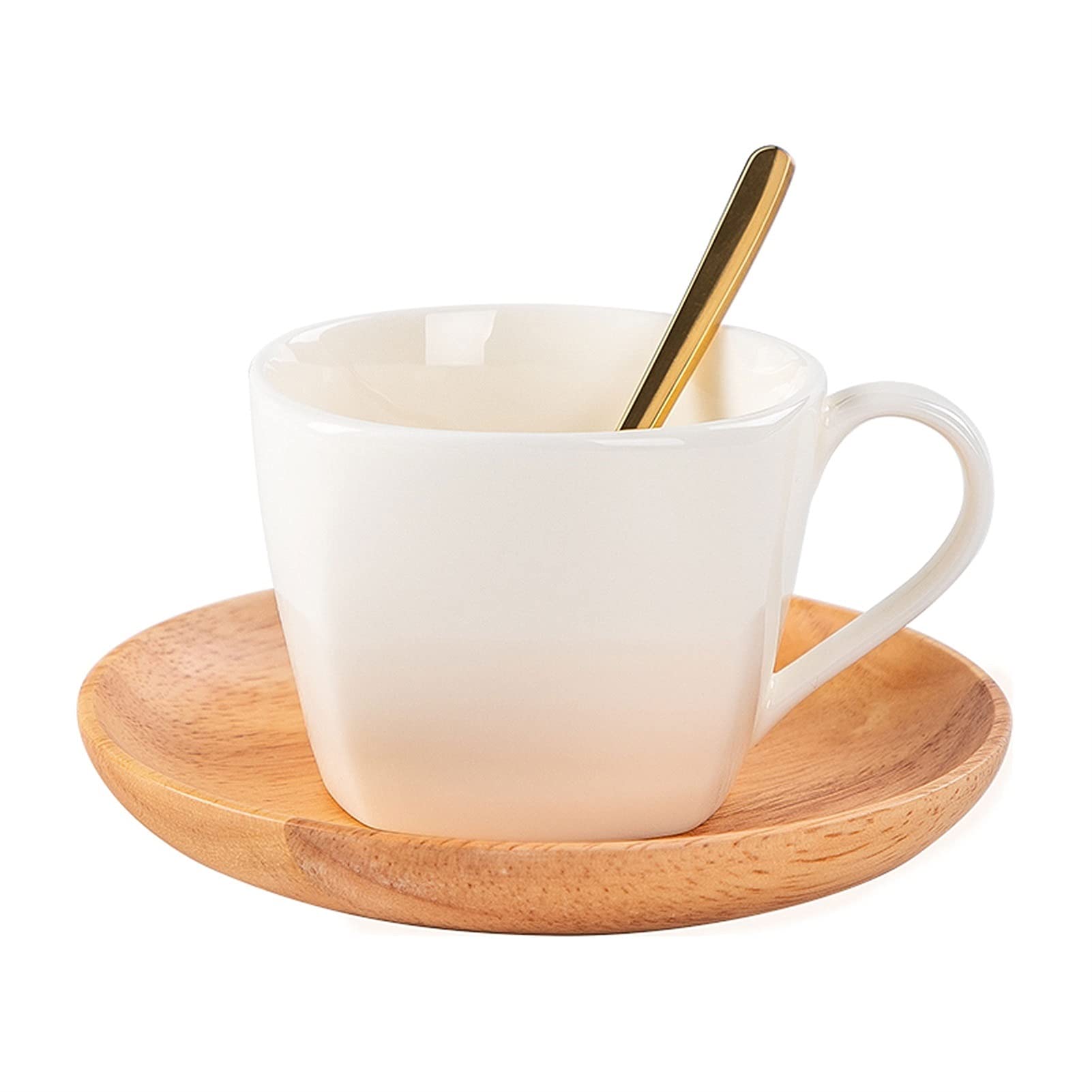 6,8 Once di Porcellana Bianca da caffè con piattino in Legno e Cucchiaio Dorato, Tazza in Ceramica, Tazza da Latte per tè e caffè