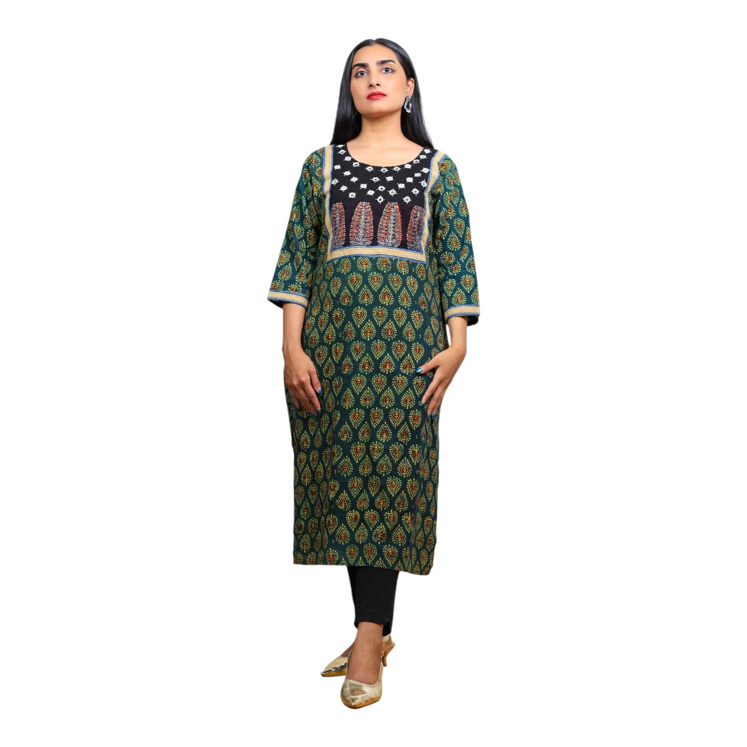 Pretanshah Women's Verdant Ajrakh Cotton Kurta – Bottle Green Handblock Print, 100% Cotton, Eco-Dyed – Artisan Ethnic Wear for Daily & Festive Occasions_-image-17