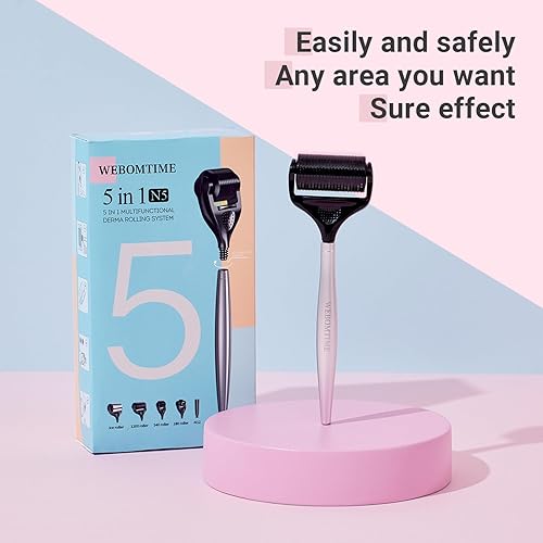 Miniatura 8 de Derma Roller 5 en 1 - Rodillo de hielo de titanio con mango de acero de microagujas para cara, cuello, cuero cabelludo y crecimiento del cabello,