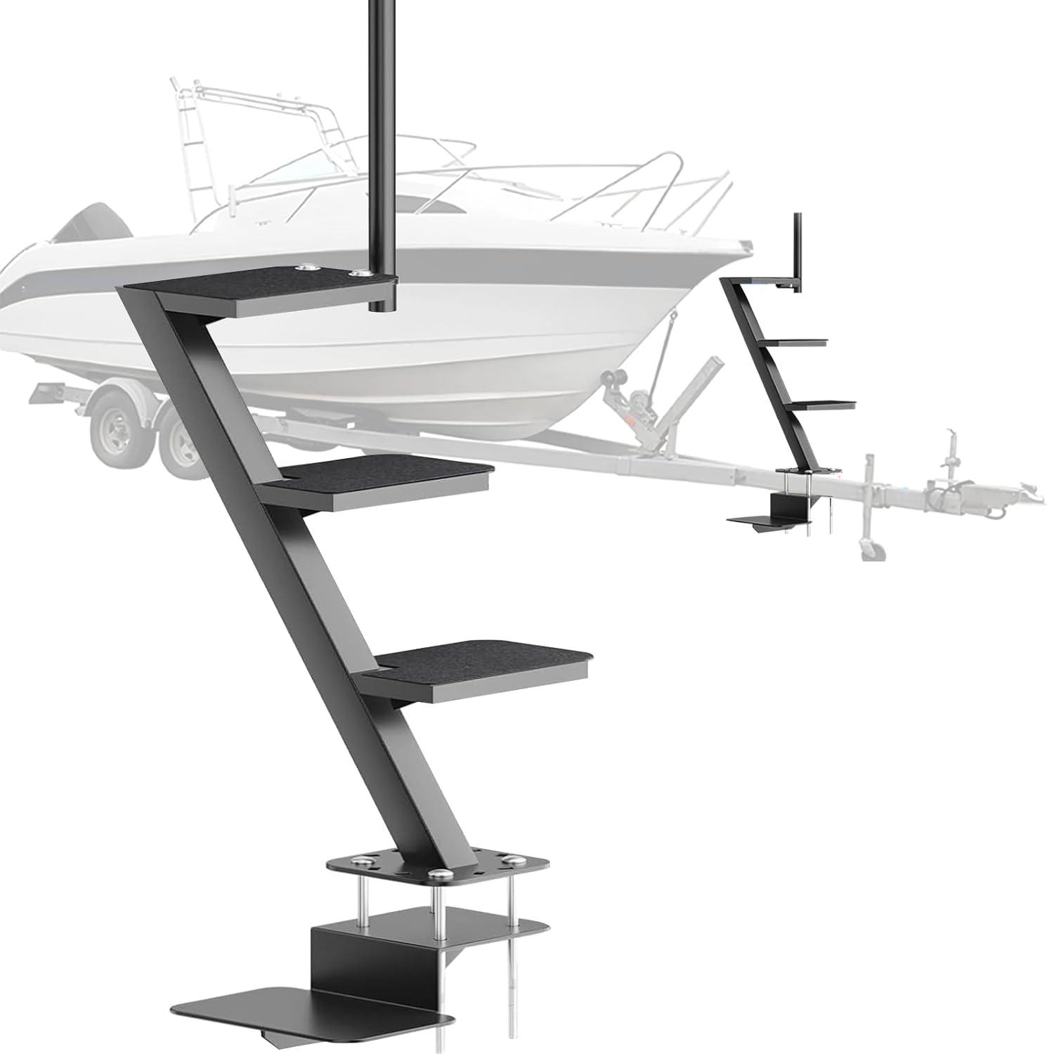 Boat Trailer Steps with Safety Handle Non-Slip Surface 4 Boat Steps for Boat Trailer Tongue Heavy Duty Steel Black Powder Coated 450 LBS Capacity Universal Fit Bass Boat, Pontoon Boat, Hunting Boat