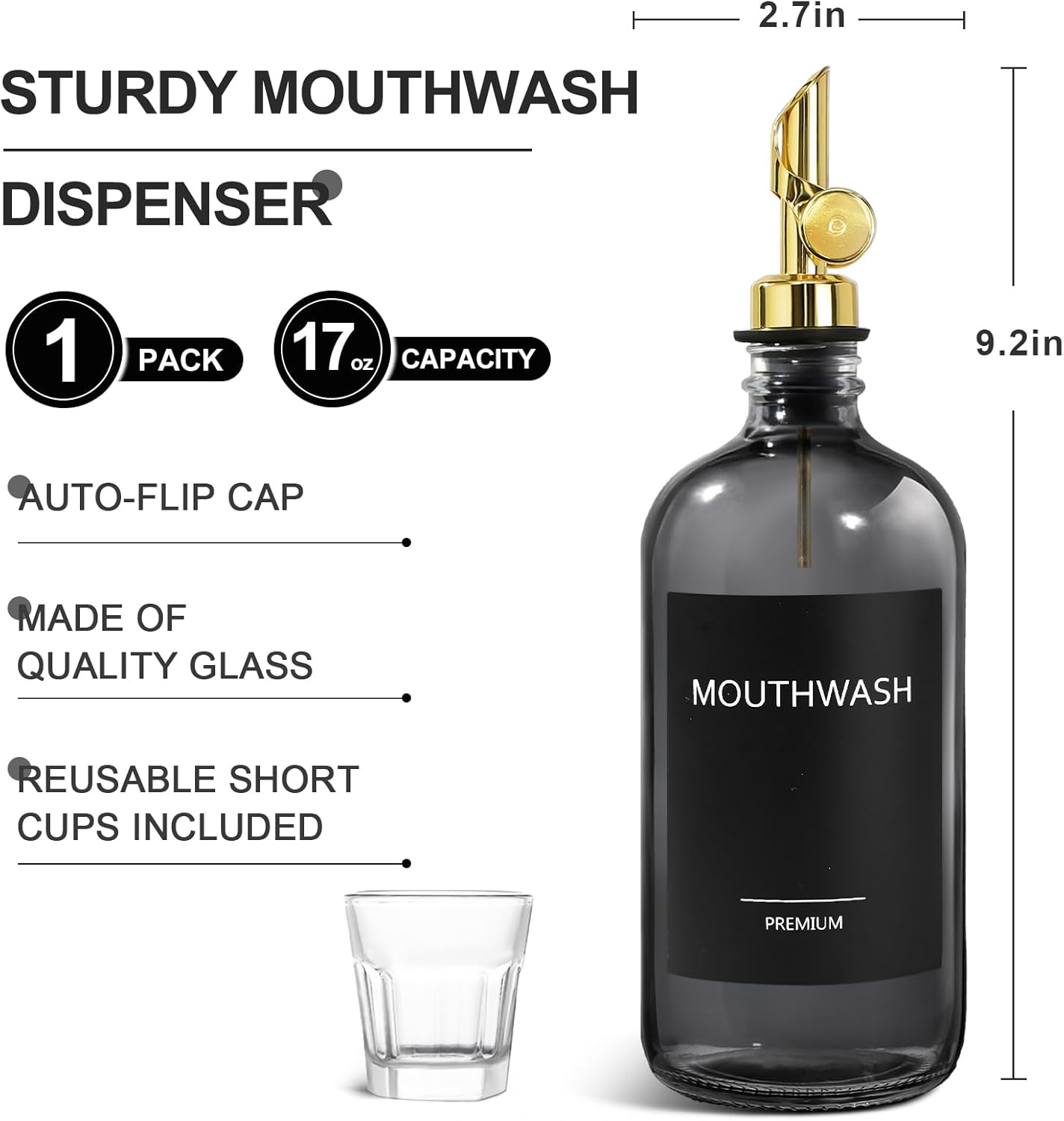 Mouthwash Dispenser for Bathroom, 1 Pack Clear Black Glass Mouth Wash Container with Cup, 17 Fl Oz Mouth Wash Decanter Bottle Set, Refillable Mouthwash Pump Dispenser - Image 2