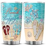 KOIXA The Beach Is My Happy Place Coffee Cup Stainless Steel Tumbler Sea Turtle Starfish Summer Vibes Gifts For Girls Insulated Travel Mug Gift For Beach Lover Women 20oz