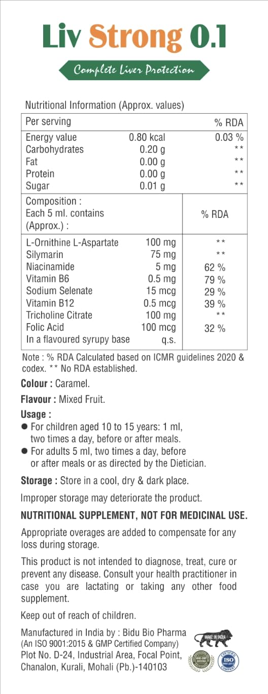 Liv Strong 0.1 L-Ornithine L-Aspartate, Silymarin, Niacinamide, Vitamin B6, Sodium Selenate, Vitamin B12 Folic Acid & Tricholine Citrate Syrup Pack Of 2 For Liver, Natural Skin Glow, Pigmentation, constipation & Gut Health , Contains 2 Bottles — Amazon image 2