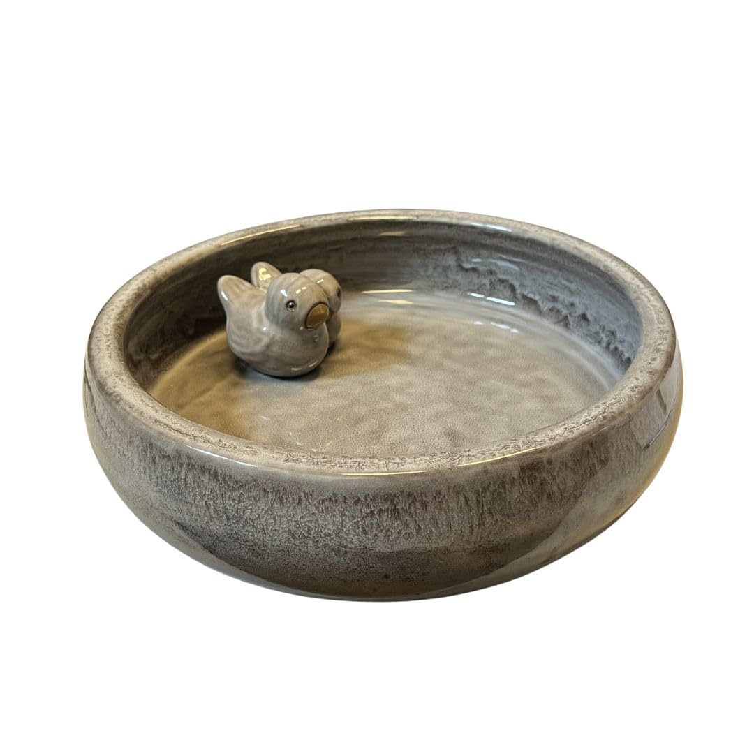 Glasierte Vogeltränke 35 cm aus Keramik – hochgebrannte Gartenschale für Vögel, Vogelbad & Wasserschale, hochwertige Vogeltränke in Grün oder Cappuccino, 8 cm hoch (grau)