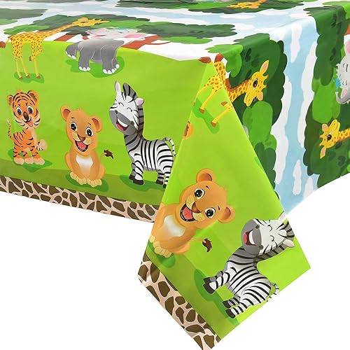 WERNNSAI Zoo Jungle Animals Party Table Cover - 1 Pack 54” x 108” Full Printed Disposable Plastic Tablecloth Safari Theme Party Supplies for Kid Birthday Baby Shower Party Decorations