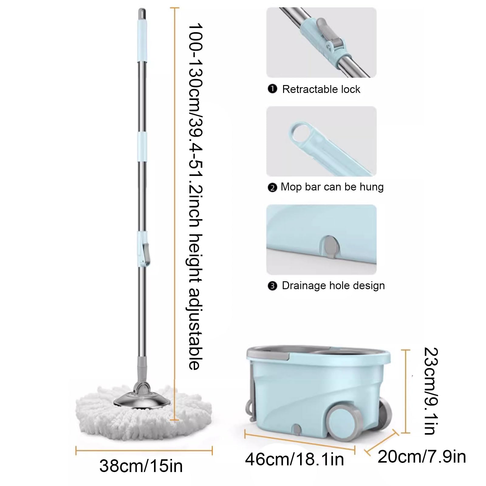 Ensemble serpillère rotative et seau avec essoreuse, poignée réglable, tête rotative en microfibre pour nettoyage du sol