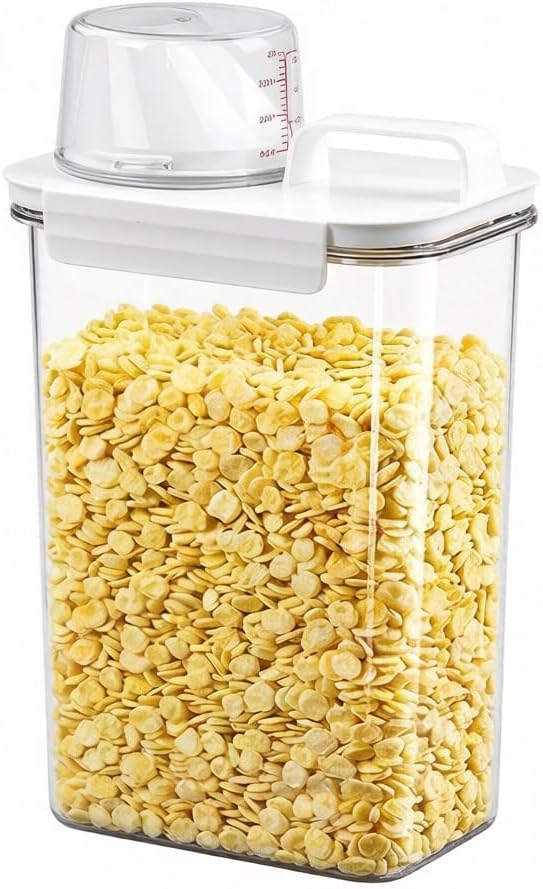 1PCS Cereal Storage Container 2300ML Airtight Food Storage Organizer with Measuring Cup & Pour Spout Clear Plastic Kitchen Organization Bin Dry Food Storage for Rice Flour Sugar Oatmeal Pet Food 03