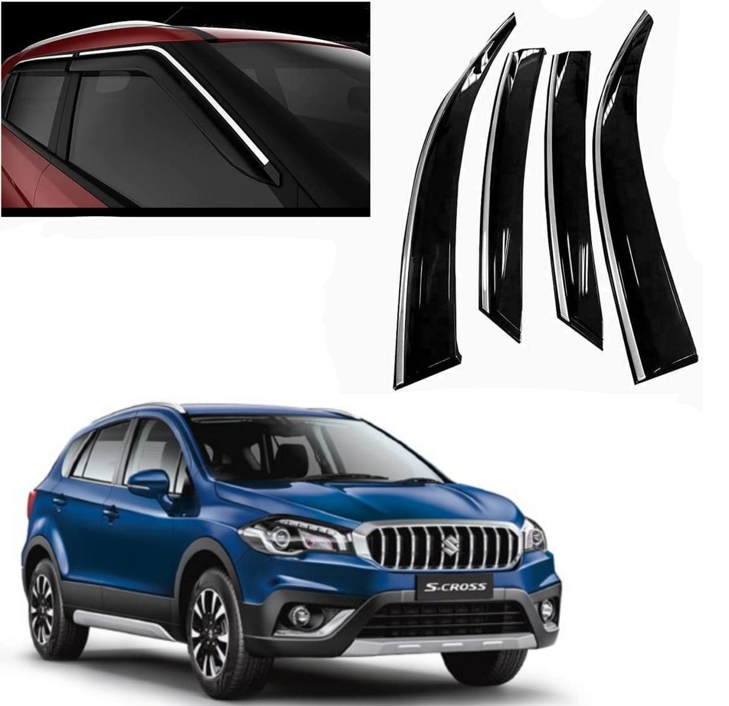 DS ENTERPRISE Car Rain Wind Door Visor Side Window Deflector with Chrome Line for Maruti Suzuki S-Cross All Models - Black Color (Pack of 4)