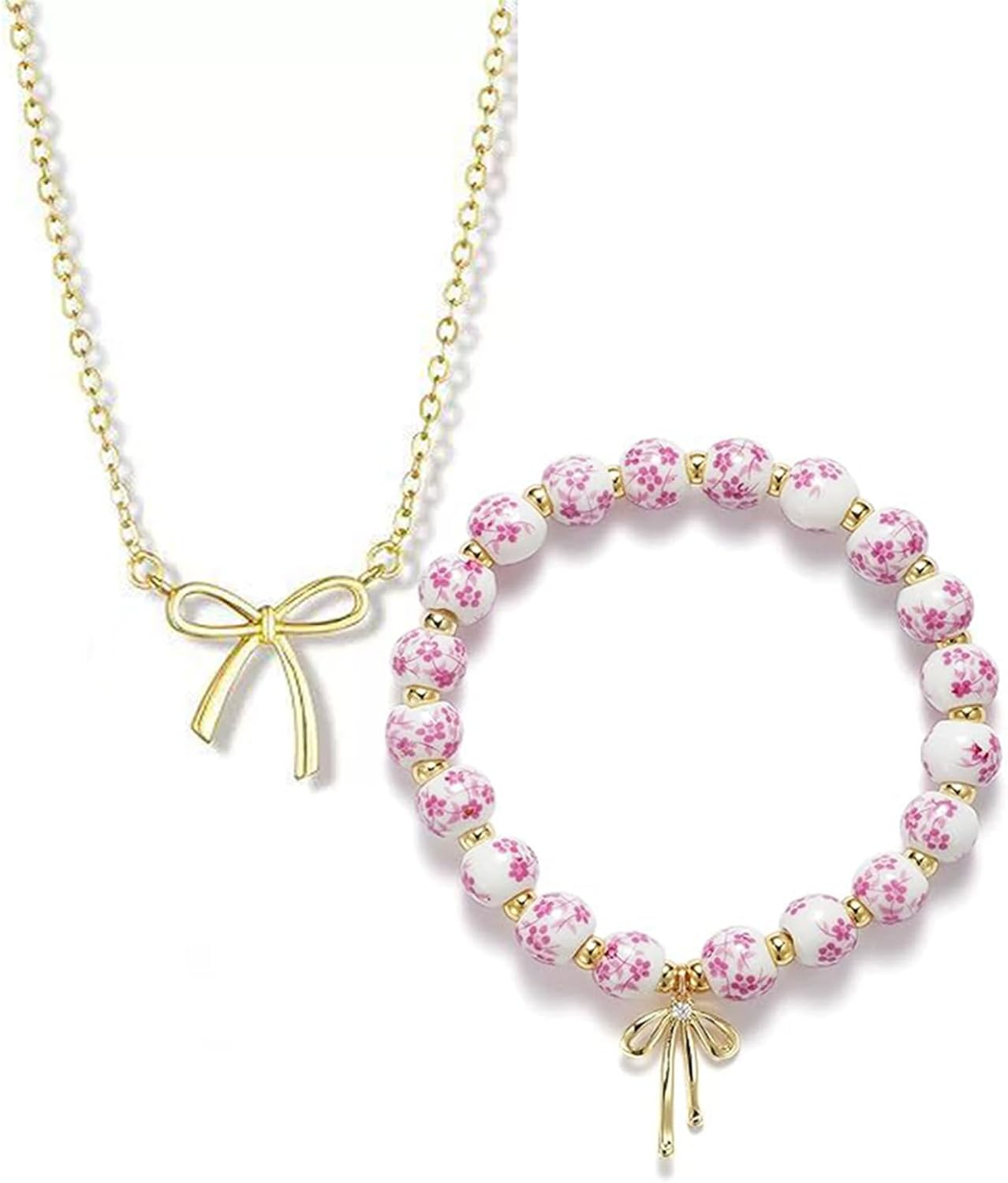 COLORFUL BLING Bowknot Bow Charm Stretch Bracelet Pendant Necklace Set for Women Vintage Handmade Flower Floral Beaded Bracelet Party Jewelry Birthday Gift