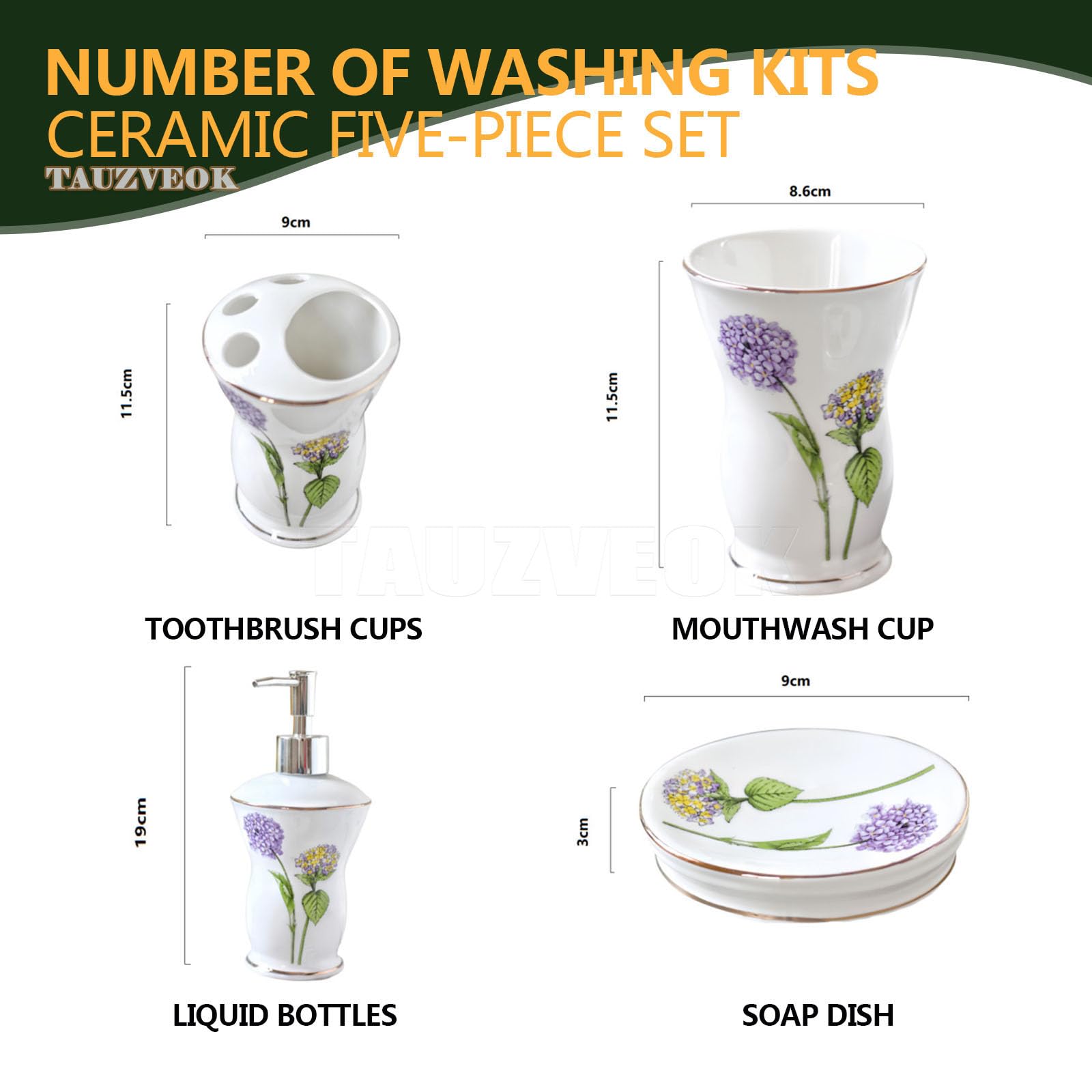 Set di accessori per il bagno in ceramica con fiore di rosa, 4 pezzi, inclusi 1 portaspazzolino, 1 tazza per spazzolini da denti per gargarismi, 1 portasapone, 1 dispenser per lozione
