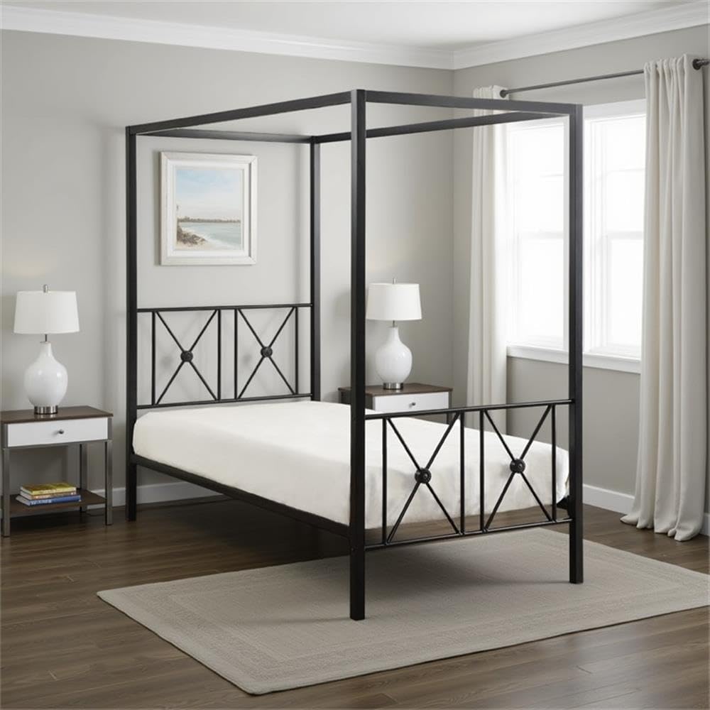 Pemberly Row Metal Twin Canopy Bed, Black Finish, Square Posts, Medallion Accents, Double X Framing, Platform Base, 78L x 40.5W x 73.5H in, Modern Traditional Style for Kids or Bedroom Use