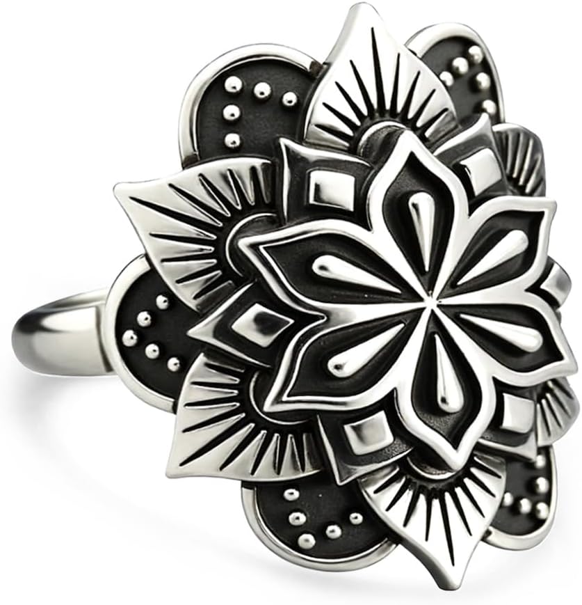 Adjustable Lotus Flower Ring,Open Retro Antique S925 Sterling Silver Mandala Bohemian Boho Ethnic Statement Ring Jewlry for Women