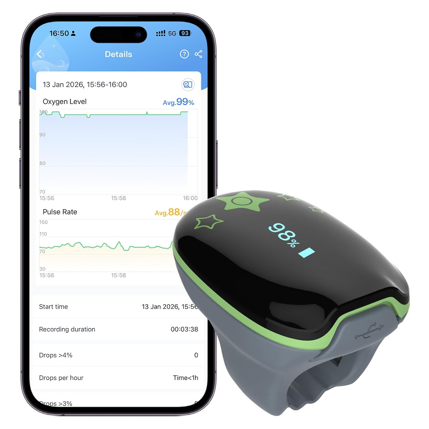 Pulse Oximeter, Oxygen Monitor Continuously Track Blood Oxygen Levels & Pulse Rate, Ring Monitor with Smart Reminder, Rechargeable O2 Pulse Ox, with App & PC Chart Report