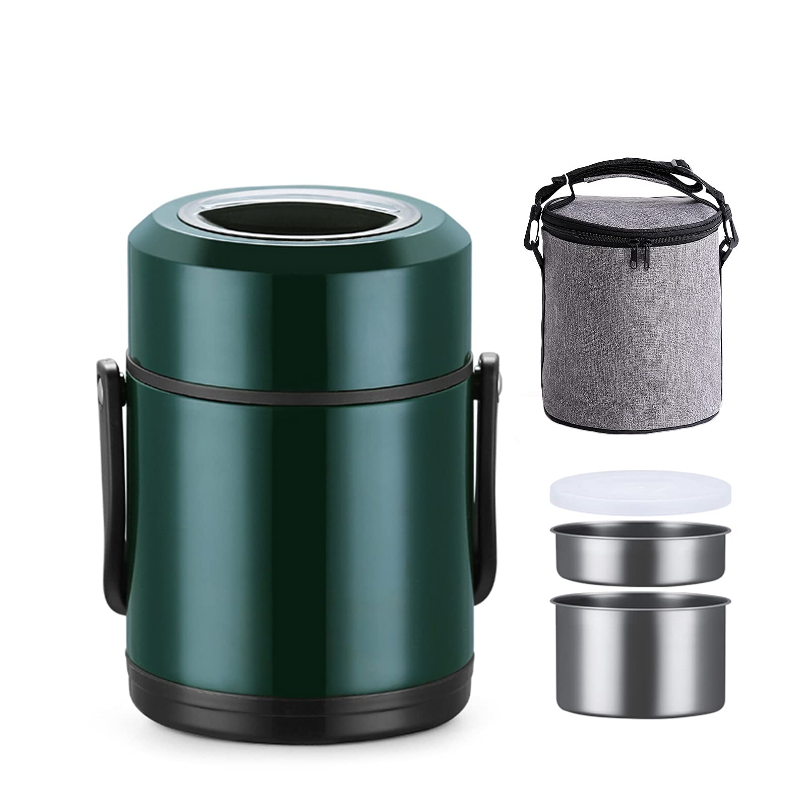 Fiambrera térmica,Fiambrera Hermetica con Bolsa de Almuerzo, Frasco Aislante térmico para Alimentos de Acero Inoxidable, Recipientes Termicos Comida para Escuela Oficina Picnic,Verde,1.6L