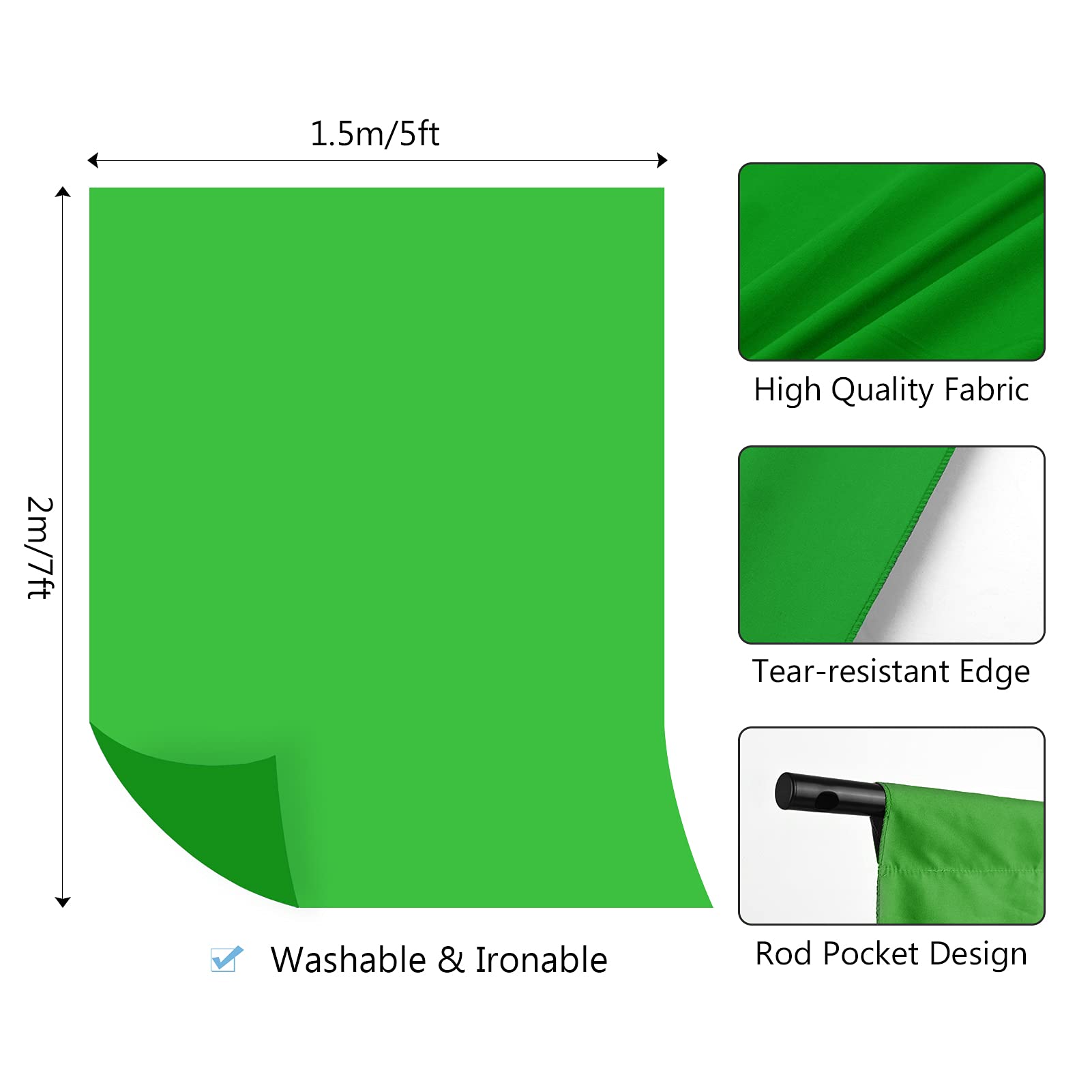 Andoer Kit de photographie avec écran de fond vert 1,5 x 2 m/5 x 7 pieds, support en forme de T réglable, 3 pinces pour photographie, vidéo, YouTube, Vlog, Tiktok