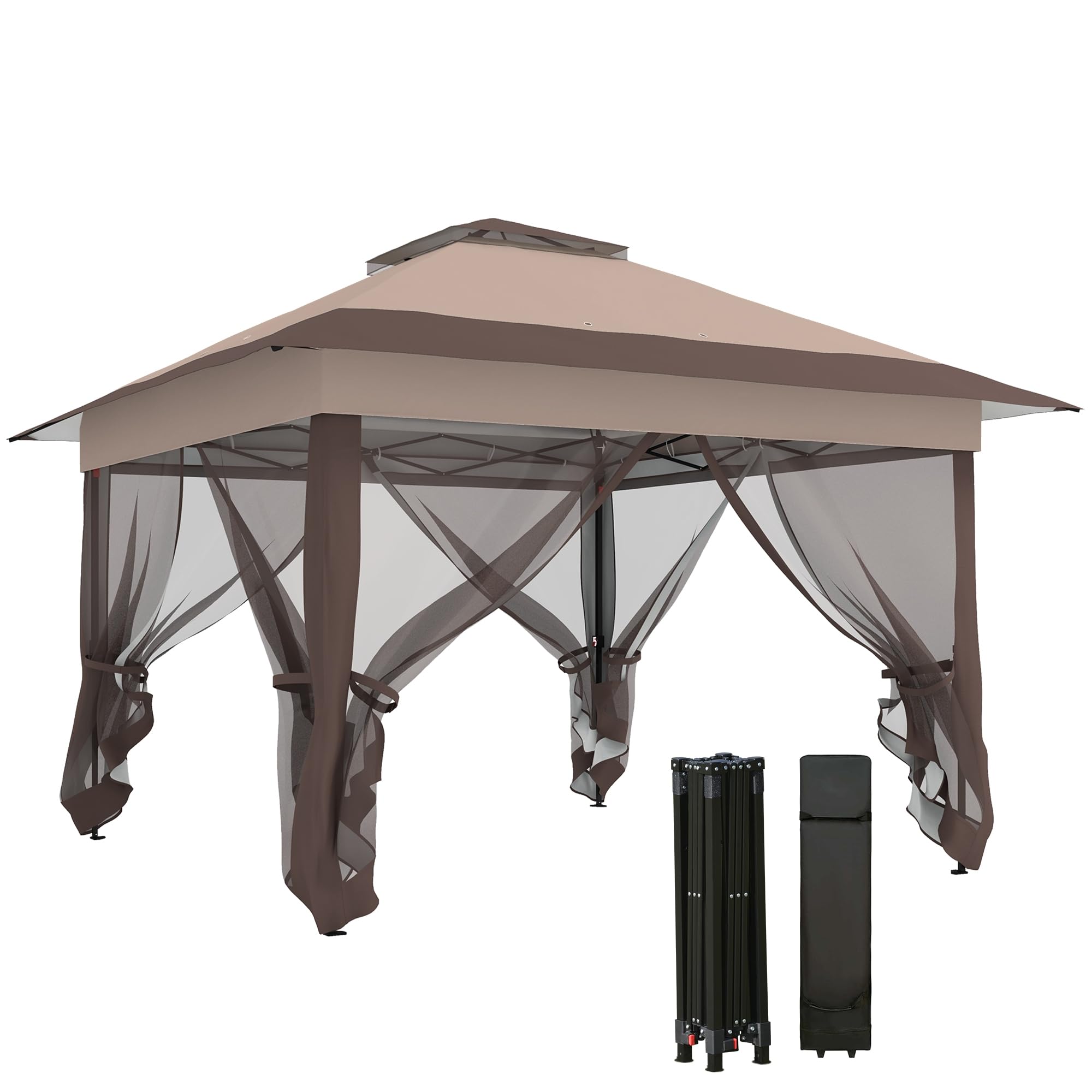 Outsunny Tonnelle de Jardin Extérieur Pliante 3,6x3,6m Kaki Marron