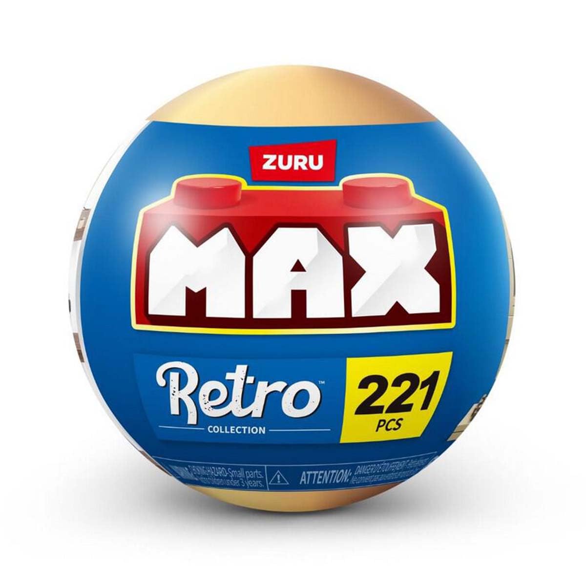 Image showing the ZURU MAX Retro Miniature Building Toy capsule and six possible assembled retro models: an arcade machine, a television, a desktop computer, a boombox, a rotary telephone, and an instant camera.