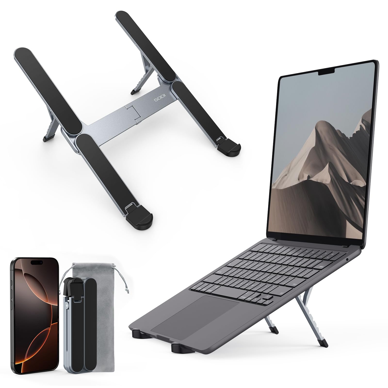 [Ultra compacto] Soporte plegable y portátil para computadora portátil, soporte ligero para tableta para viajes de negocios, biblioteca, cafetería, soporte ergonómico de aluminio de 6 niveles de
