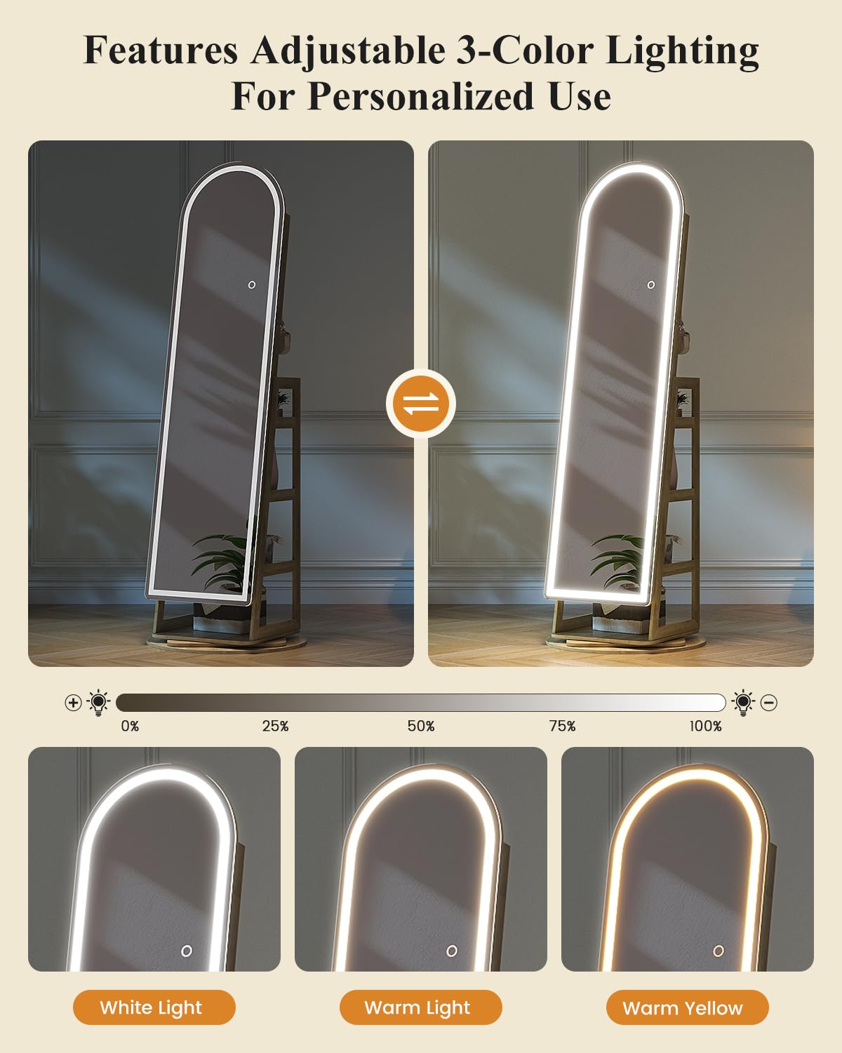 LVSOMT Espejo Joyero de Pie LED 360° Giratorio con 3 Luces Colores Bloqueable Madera