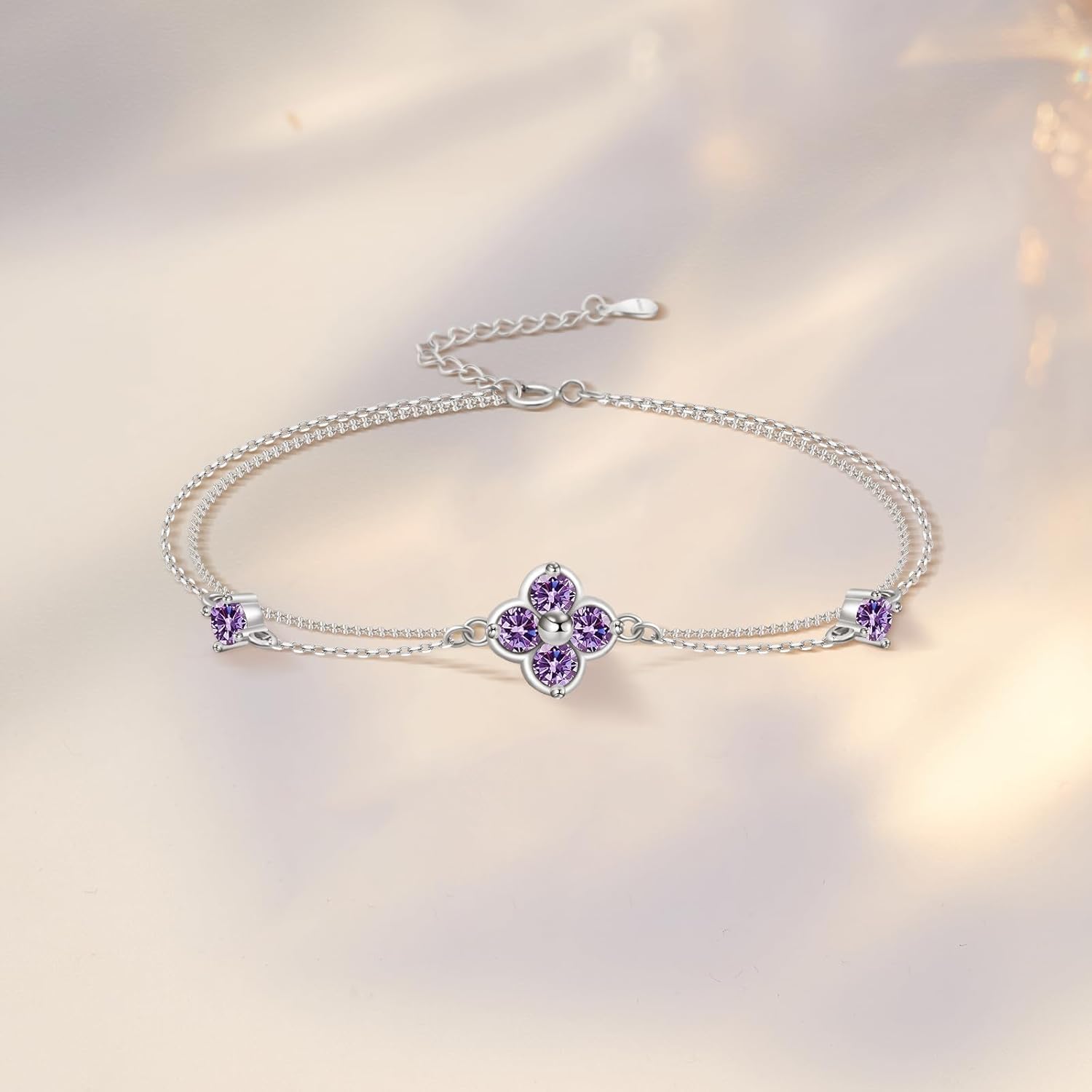 Birthstone Bracelets for Women with Four Leaf Clover Dainty Bracelet Double Layer Trendy Birthday Jewelry Gift for Women