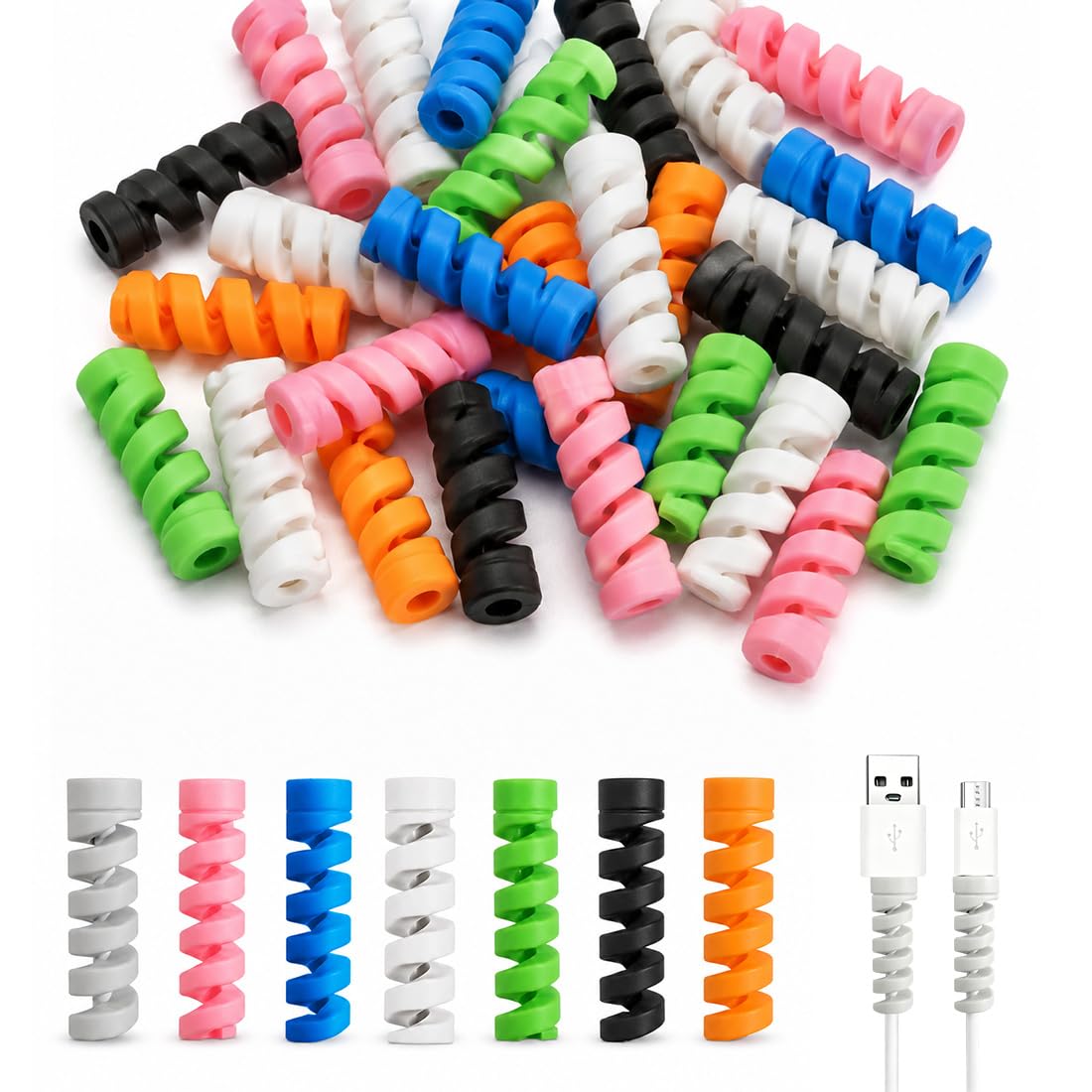 28 Protezione Cavo Copri Caricatore in silicone a spirale, antigroviglio e antirosicchiamento, per cavi Apple e Android, multicolore (verde, nero, bianco, grigio, giallo, rosa, blu)