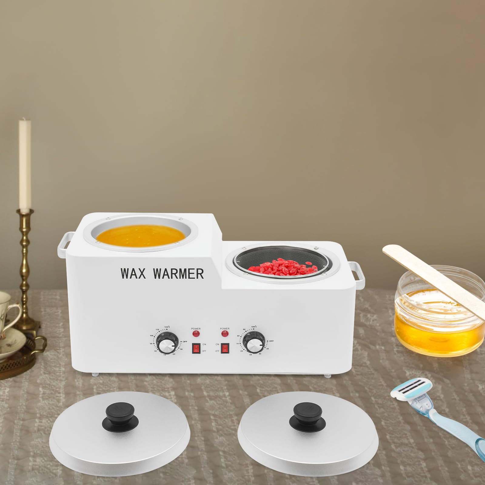 Scaldacera per depilazione con doppio caldaia, dispositivo professionale con regolazione della temperatura, depilazione indolore, per uomo e donna, kit di ceretta per casa e studio