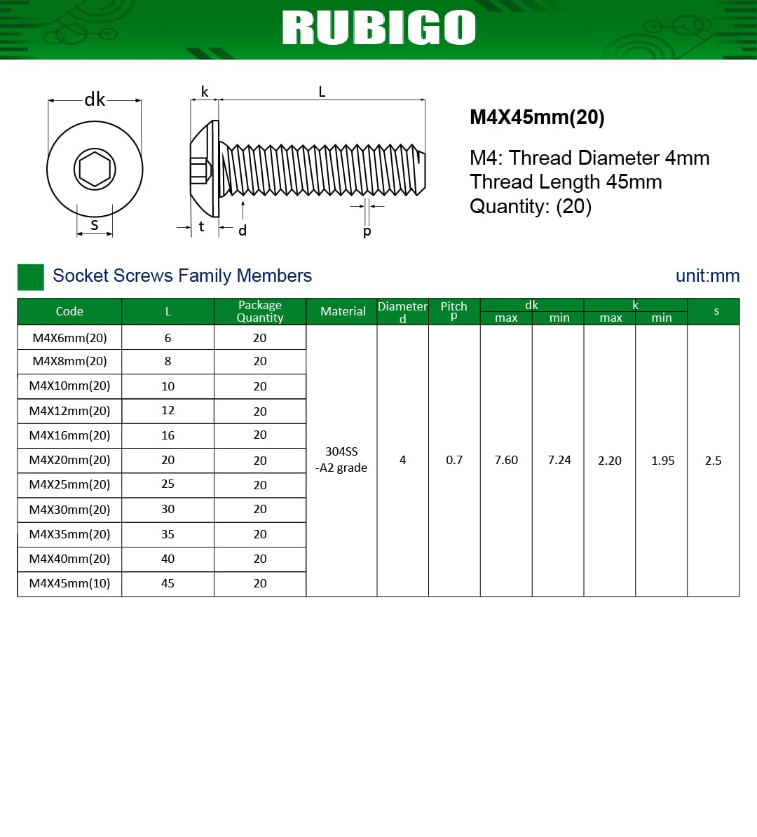 Rubigo M4 Bolts, M4 x 45mm Hex Socket Button Head Machine Bolts - DIN 933 Standard A2 304 Stainless Steel Hex Socket Cap Screws, Fully Threaded for Industrial,Indoor,Outdoor Use, Pack of 20 - Image 4