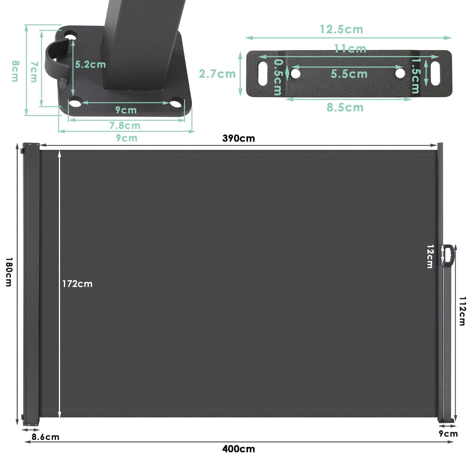 Toldo Lateral Extensible 180 x 400 cm (HxL) - Retractil Exterior con Pantalla Enrollable, Protección Solar, Impermeable, Revestimien PU para Terraza, Gris