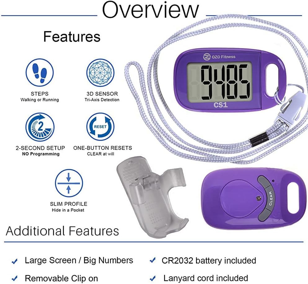 CS1 Easy Pedometer for Walking | Clip on Step Counter | Large Display + Lanyard (Purple) : Sports & Outdoors