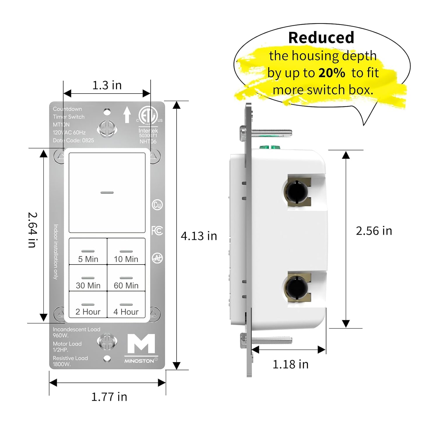 Minoston Countdown Timer Switch for Bathroom Fans and Lights, 5/10/30/60 min, 2/4 Hours, Wall Timer Switch, Neutral Wire Required, ETL & FCC Listed, 120VAC 60Hz, White (MT10N) - Image 4