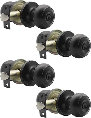Miniatura 7 de Probrico Perillas de puerta exterior con cerradura con cerradura de bola plana para puerta de entrada en color negro, llave interior, herrajes de