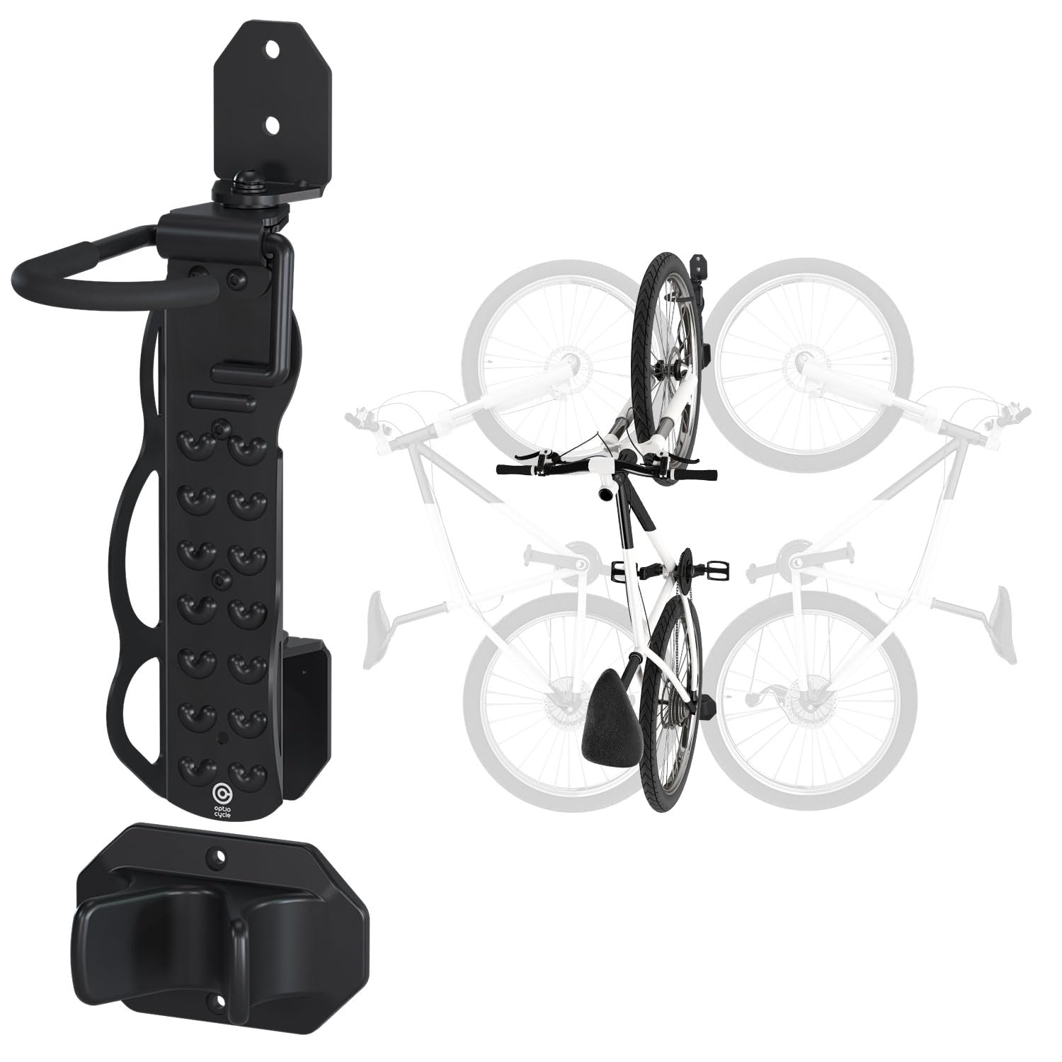 Optio Cycle Vertical Bike Wall Mount Foldable – Bike Rack with 180° Swivel for E-Bike, MTB, Gravel & Road Bikes up to 25kg | Wall Mounted Bicycle Rack for Garage, Home & Storage