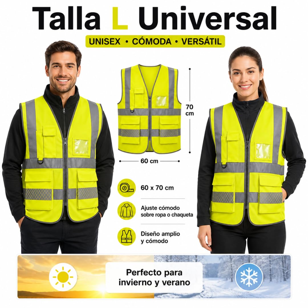 Chaleco Reflectante con Bolsillos y Cremallera Pack 2 Unidades | Chaleco Reflectante Homologado DGT Alta Visibilidad ISO 20471 | Chaleco Seguridad Trabajo Coche Moto Bicicleta Talla L Universal