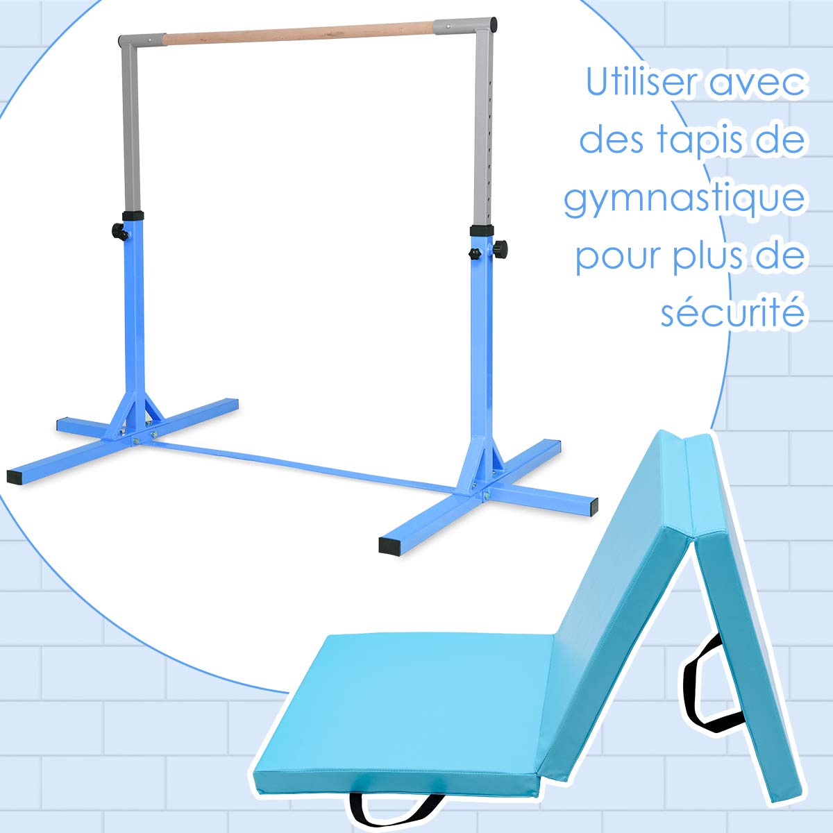 Barre De Gymnastique Enfants Réglable En Hauteur - Équipement Stable Intérieur Extérieur - Bleu 100kg