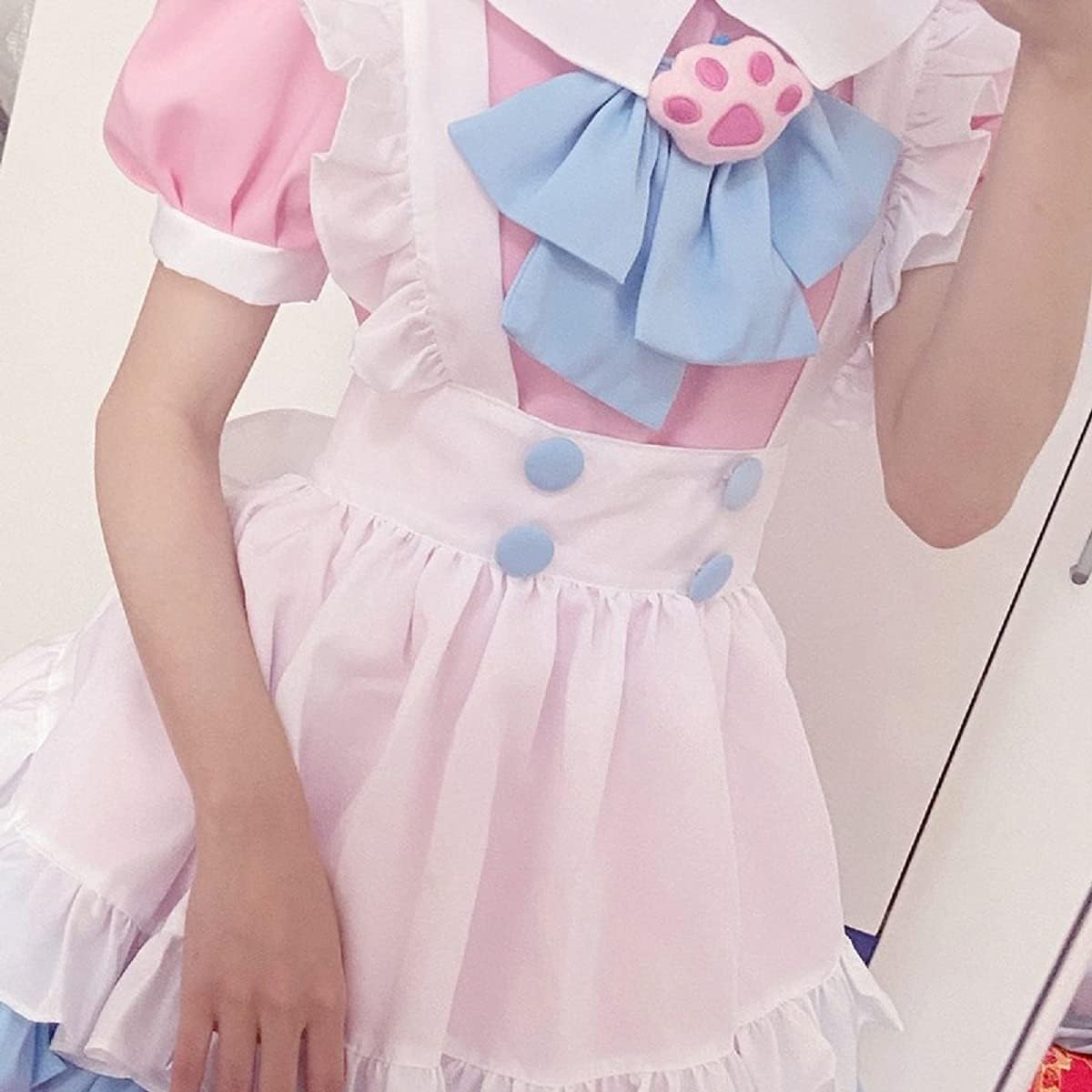 Anime Cute Cat Pink Blue Maid Outfit for Adult Women Lace Trim Apron Cat Paw Lolita Dress Cosplay Costume Full Set