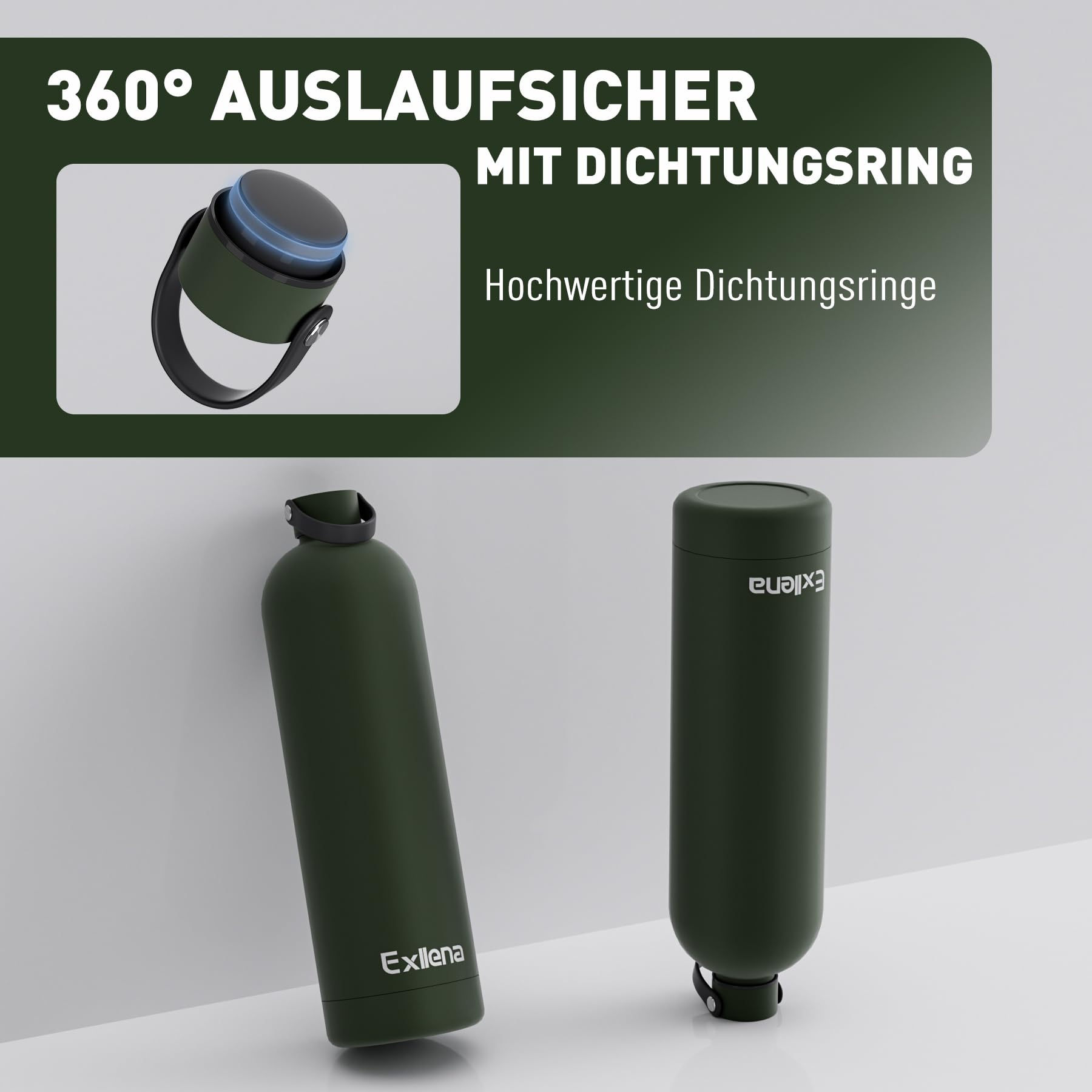 Exllena Trinkflasche Edelstahl mit Griff & Karabiner–500ml/750ml/1L/1,5L isolierte Thermosflasche, 100% auslaufsicher und BPA-frei, Wasserflasche thermo für Sport, Büro & Alltag (Kieferngrün,1500ML)