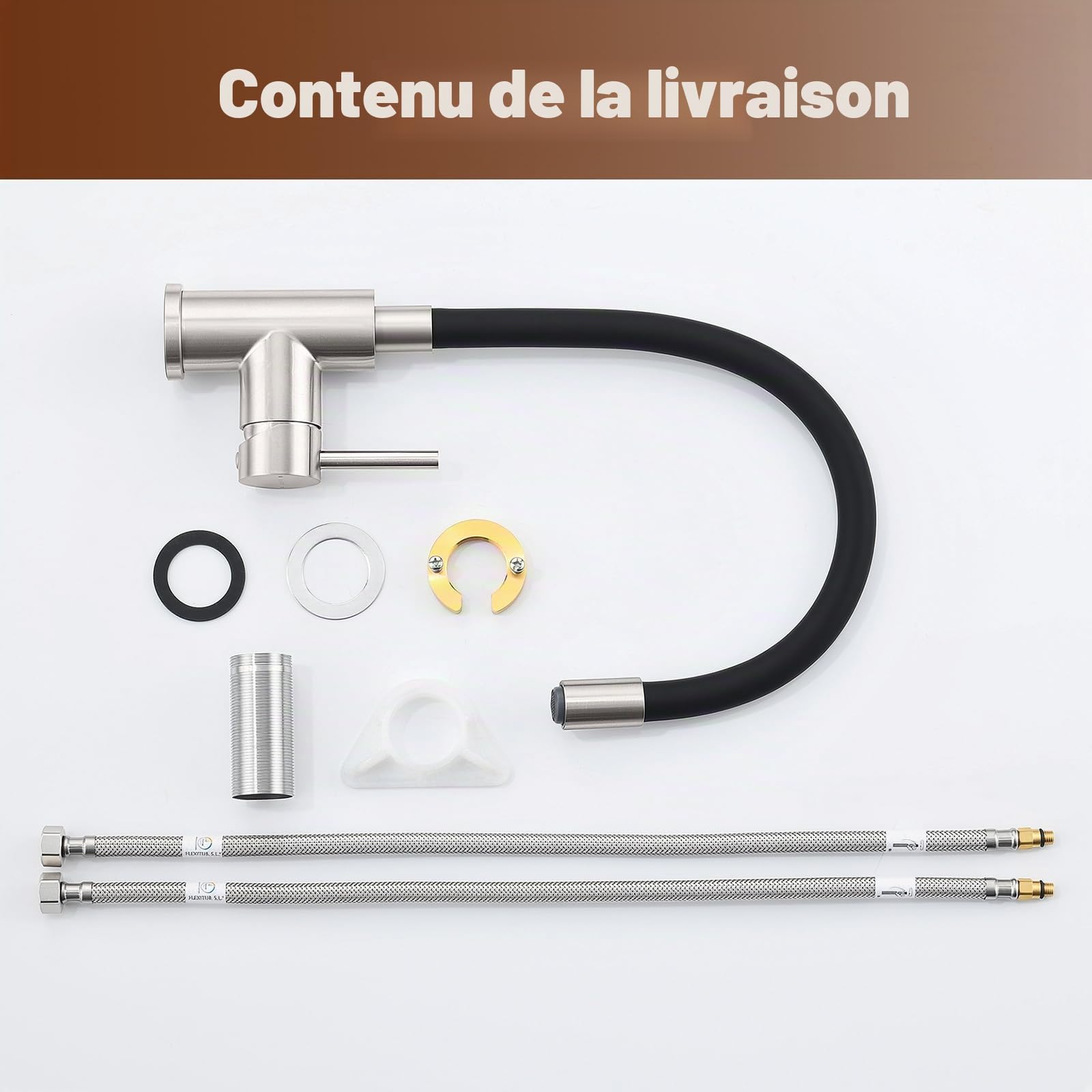 Robinet d'Évier de Cuisine avec Douchette Flexible Inox Brossé | Mitigeur Pivotant à 360°, Aérateur Extractible pour Économiser l'Eau, Acier Inoxydable