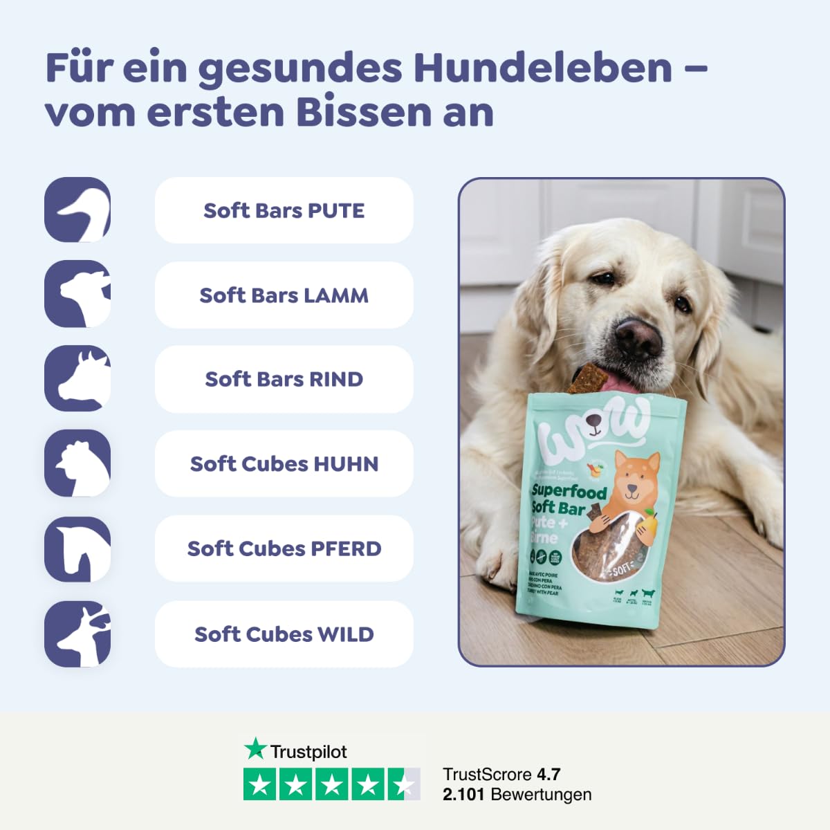 WOW Dog Superfood Soft Cubes mit Pferd 6 x 150g | Leckerlis ohne Getreide