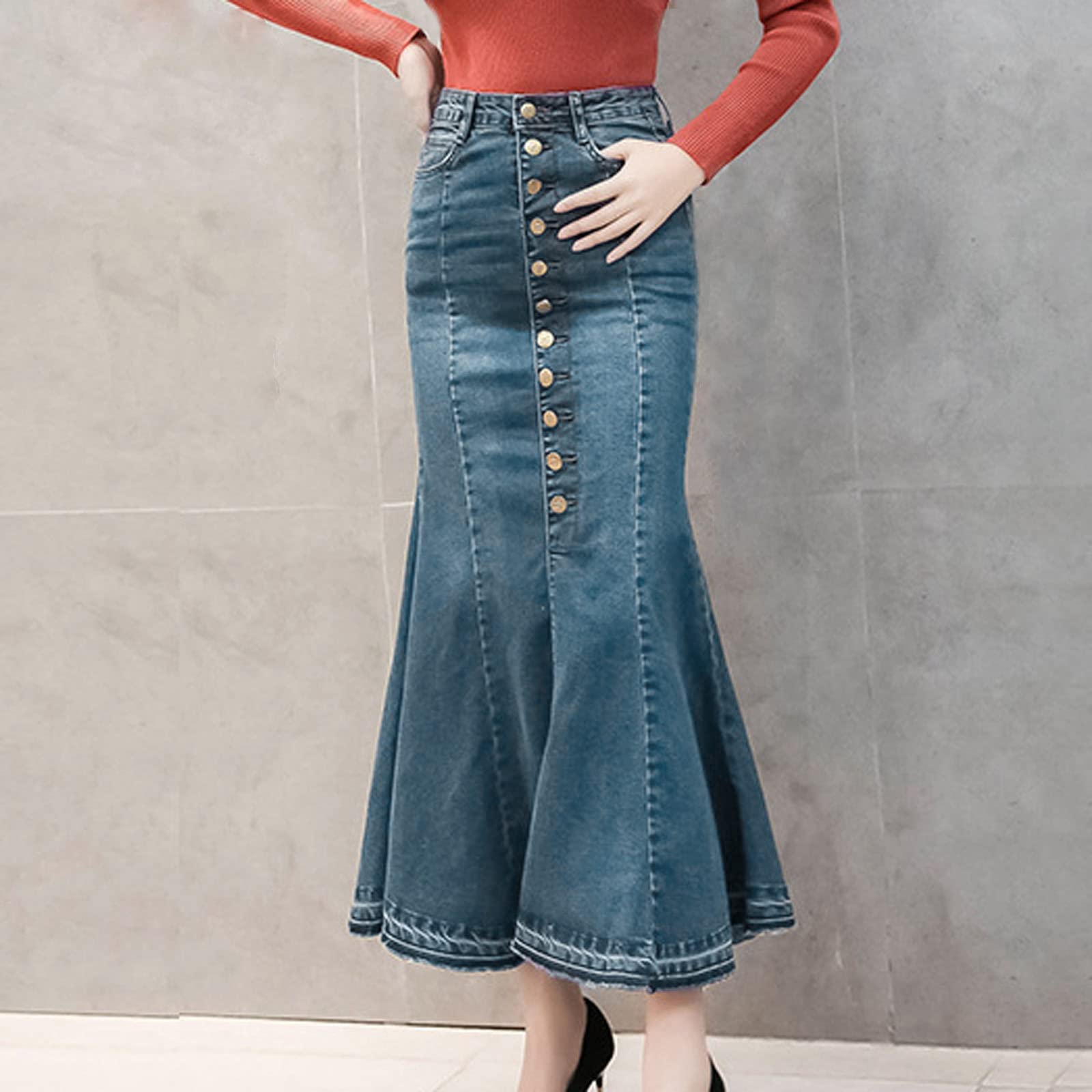 Damen Jeans Rock, Stretch Denim Maxi Jeansrock Mit Weit Ausgestelltem Saum, Slimfit Midi Röcke Freizeitrock Partyrock, A Linie Rock, Figurbetontes Damenrock Hohe Taille