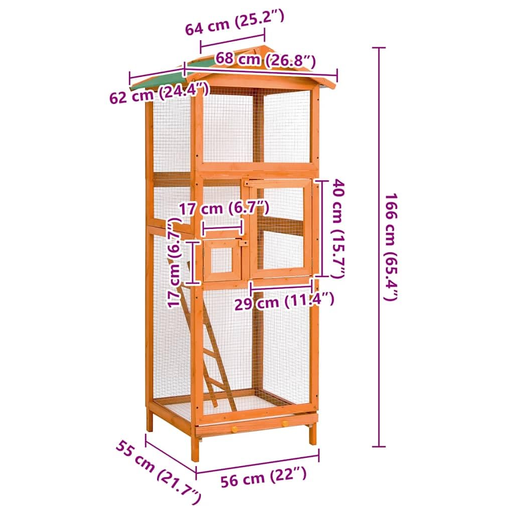 Jaula para pájaros 68x62x166 cm de madera de abeto macizo, gran aviario exterior con malla de hierro, techo impermeable, escalera, bandeja deslizante y dos puertas con cerradura