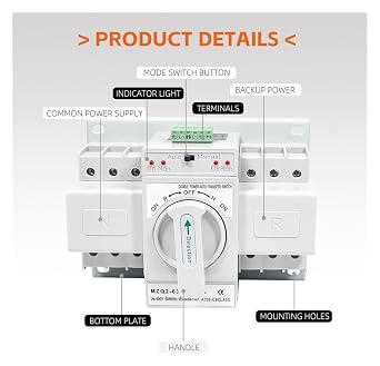 Double Power Automatic Transfer Switch AC 220V 3 Pole 63 Amps Generator ATS