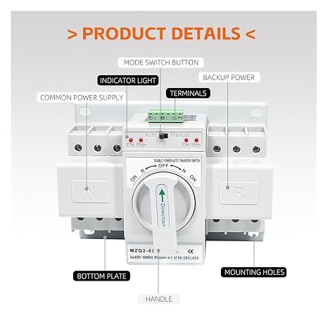 Double Power Automatic Transfer Switch AC 220V 3 Pole 63 Amps Generator ATS