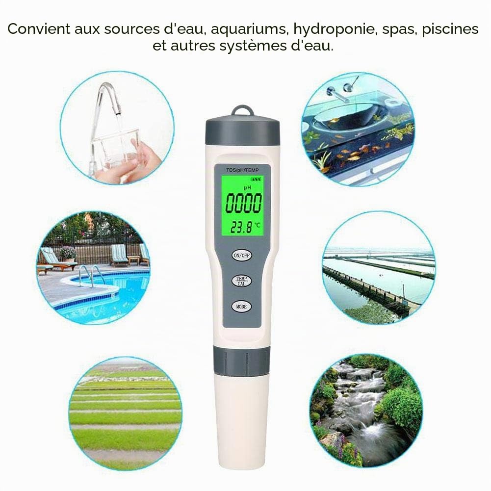 Testeur de qualité de l'eau - Compteur de pH - Appareil de mesure du pH - Pour - 3 en 1 - Portable - Digital TDS PH - Température d'aquarium - Piscine d'eau