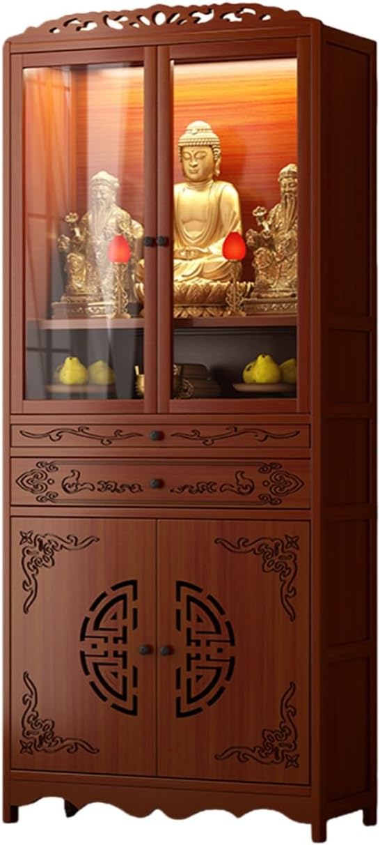 Bamboo Altar Cabinet Temple Altar Table Chinese Buddhist Cabinet Altar Table with Double Door Storage Buddhist Shrine Prayer Stand with Storage Drawer Offering Rack for Home Decor(20.87x12.99x66.93in)