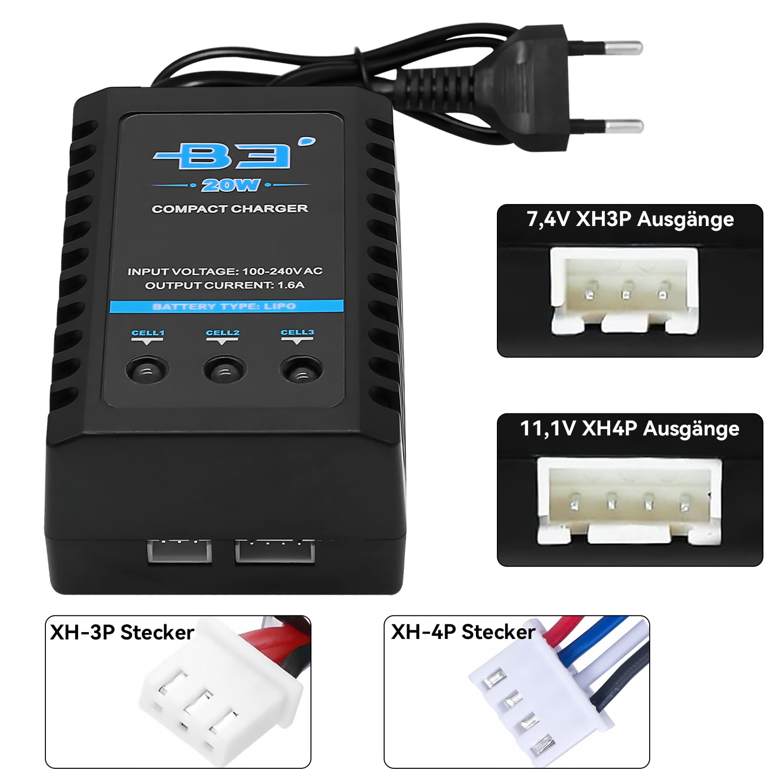 Lipo B3 Charger 20W 1.6A for 2S 3S Batteries (7.4V, 11.1Volt) RC Car Balancer Charger with XH3P and XH4P Plug for RC Car Boat Airplane Monstertruck Quadcopter Airsoft - 2