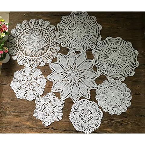 MINDPLUS Set of 8 Hand Crochet Doilies Cotton Crocheted Lace Doilies Table Placemat 9-16 Inches Round White Vintage Wedding Tea Party Cover
