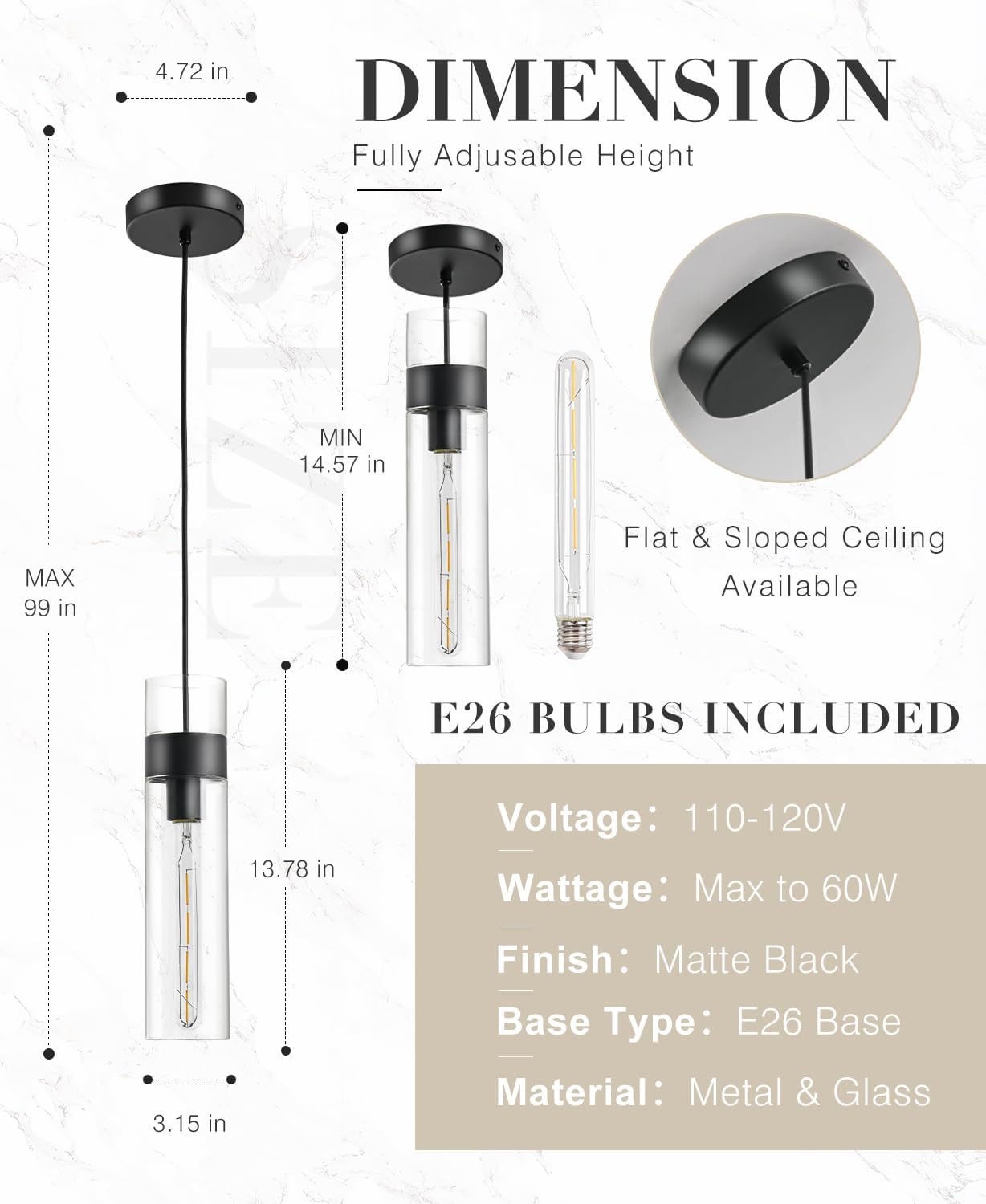 Black Pendant Lights Kitchen Island (Bulb Included), Adjustable Modern Glass Pendant Light Over Island, Industrial Pendant Light Fixtures for Dining Room Hallway Bedroom Living Room