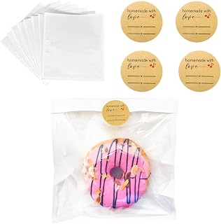 50 Pcs Bakery Bags with Window, Heat Sealable Cookie & Sandwich Bags, 7.5 x 7.1 Inches, White Pastry & Donut Bags for Bread, Snacks & Baked Goods Packaging